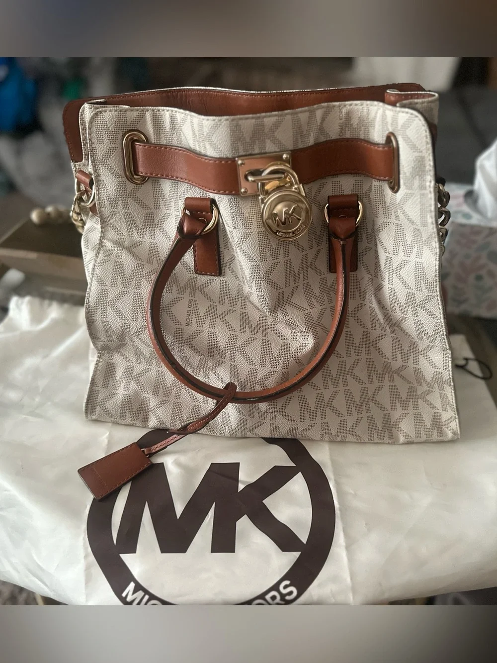 Michael Kors Hamilton Cream & Brown Logo Satchel with Gold Hardware